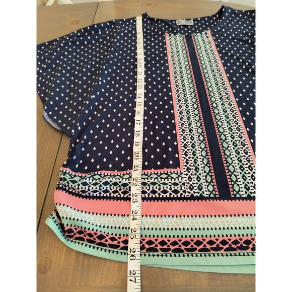 JM Collection Tunic Top Women's Sz L Blue Mixed Print Angel Sleeve Popover - Picture 6 of 11
